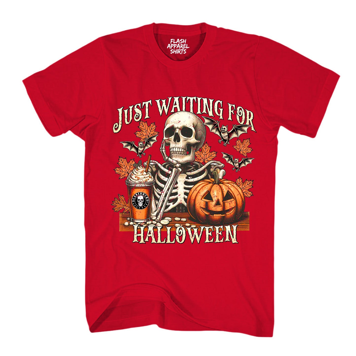 Halloween Just Waiting for Halloween Shirt Vintage Retro Skeleton Pumpkin Spooky Scary Funny Tee Costume T-Shirt Novelty Gift T Shirt White Font