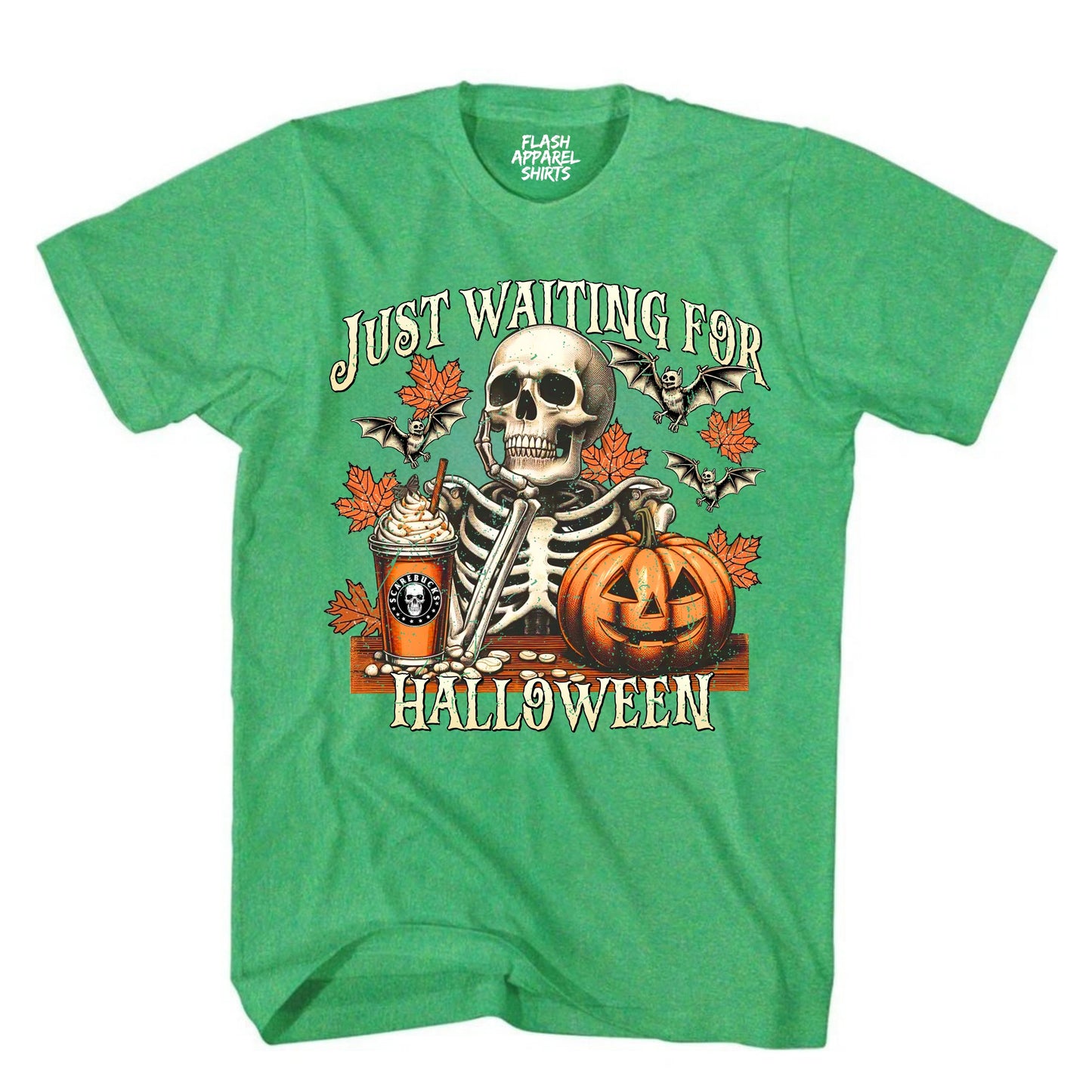 Halloween Just Waiting for Halloween Shirt Vintage Retro Skeleton Pumpkin Spooky Scary Funny Tee Costume T-Shirt Novelty Gift T Shirt White Font