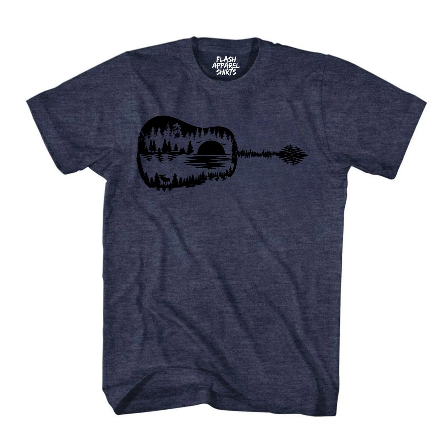 Guitar Lake Shadow Shirt Love Guitar Musician Reflection Water Moon Wilderness T-Shirt Novelty Tee Black