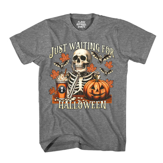 Halloween Just Waiting for Halloween Shirt Vintage Retro Skeleton Pumpkin Spooky Scary Funny Tee Costume T-Shirt Novelty Gift T Shirt White Font