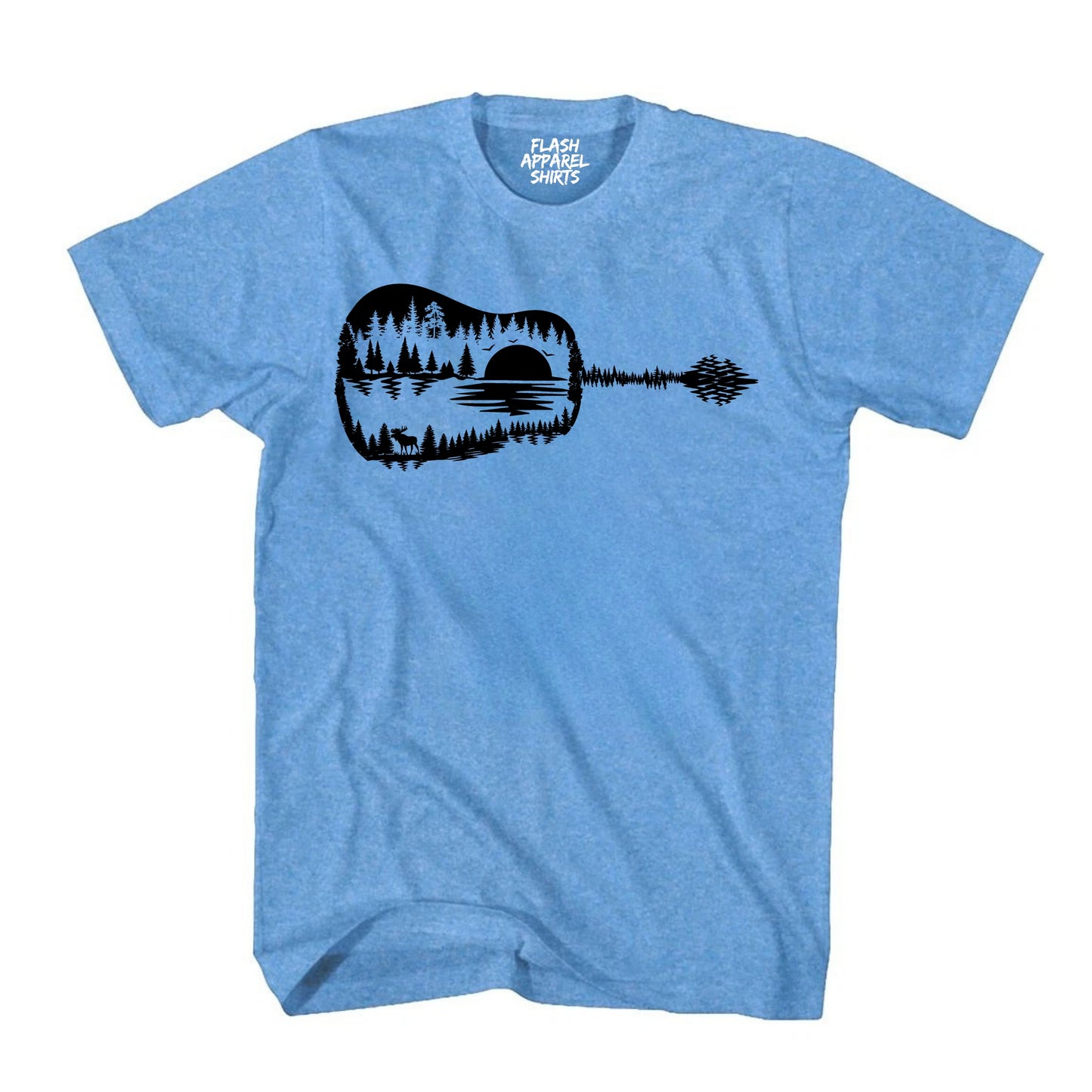 Guitar Lake Shadow Shirt Love Guitar Musician Reflection Water Moon Wilderness T-Shirt Novelty Tee Black