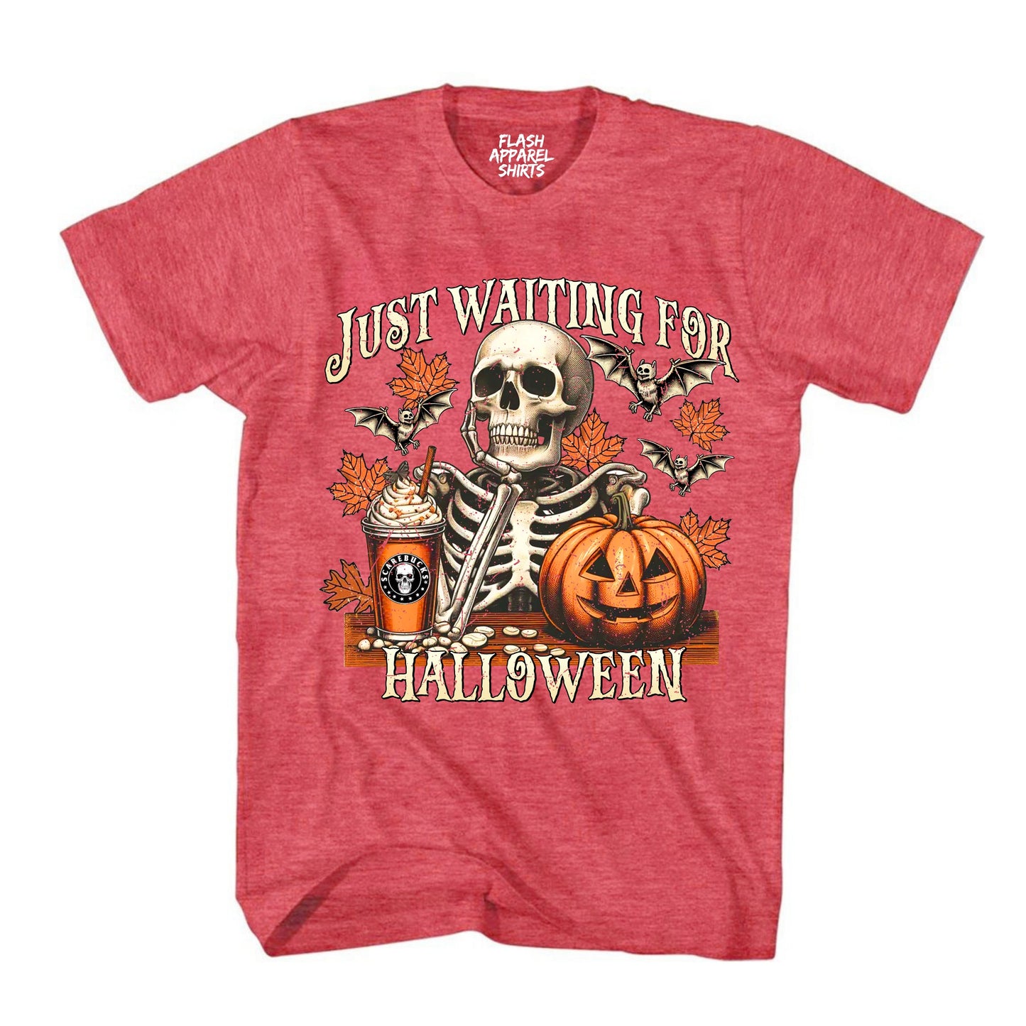 Halloween Just Waiting for Halloween Shirt Vintage Retro Skeleton Pumpkin Spooky Scary Funny Tee Costume T-Shirt Novelty Gift T Shirt White Font