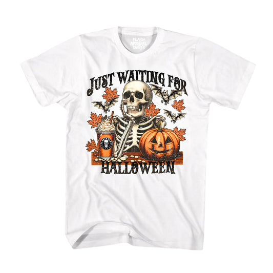 Halloween Just Waiting for Halloween Shirt Unisex Vintage Retro Skeleton Pumpkin Spooky Scary Funny Tee Costume T-Shirt Novelty Gift T Shirt