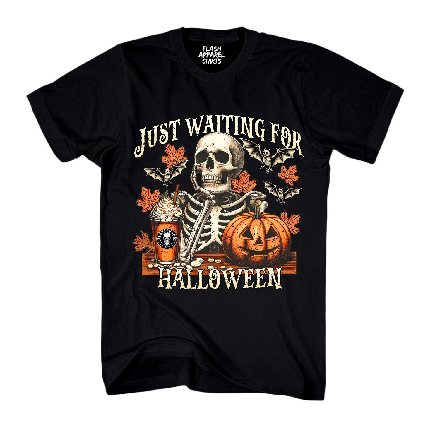 Halloween Just Waiting for Halloween Shirt Vintage Retro Skeleton Pumpkin Spooky Scary Funny Tee Costume T-Shirt Novelty Gift T Shirt White Font