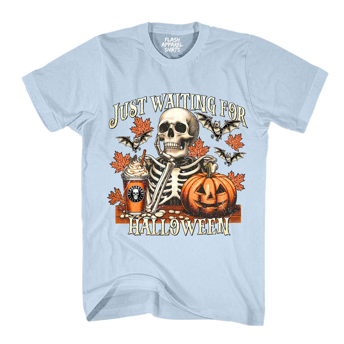 Halloween Just Waiting for Halloween Shirt Vintage Retro Skeleton Pumpkin Spooky Scary Funny Tee Costume T-Shirt Novelty Gift T Shirt White Font