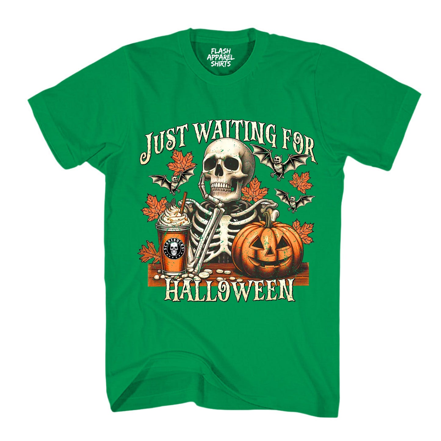 Halloween Just Waiting for Halloween Shirt Vintage Retro Skeleton Pumpkin Spooky Scary Funny Tee Costume T-Shirt Novelty Gift T Shirt White Font