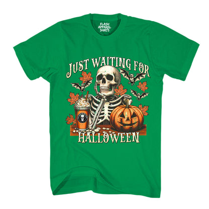 Halloween Just Waiting for Halloween Shirt Vintage Retro Skeleton Pumpkin Spooky Scary Funny Tee Costume T-Shirt Novelty Gift T Shirt White Font