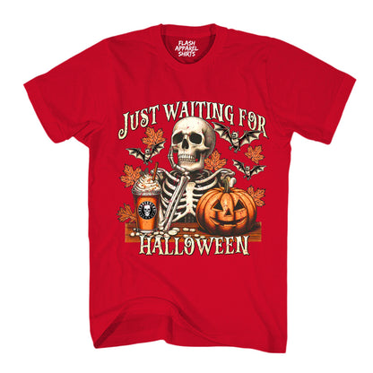 Halloween Just Waiting for Halloween Shirt Vintage Retro Skeleton Pumpkin Spooky Scary Funny Tee Costume T-Shirt Novelty Gift T Shirt White Font