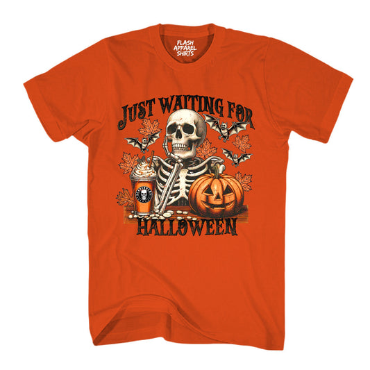 Halloween Just Waiting for Halloween Shirt Unisex Vintage Retro Skeleton Pumpkin Spooky Scary Funny Tee Costume T-Shirt Novelty Gift T Shirt