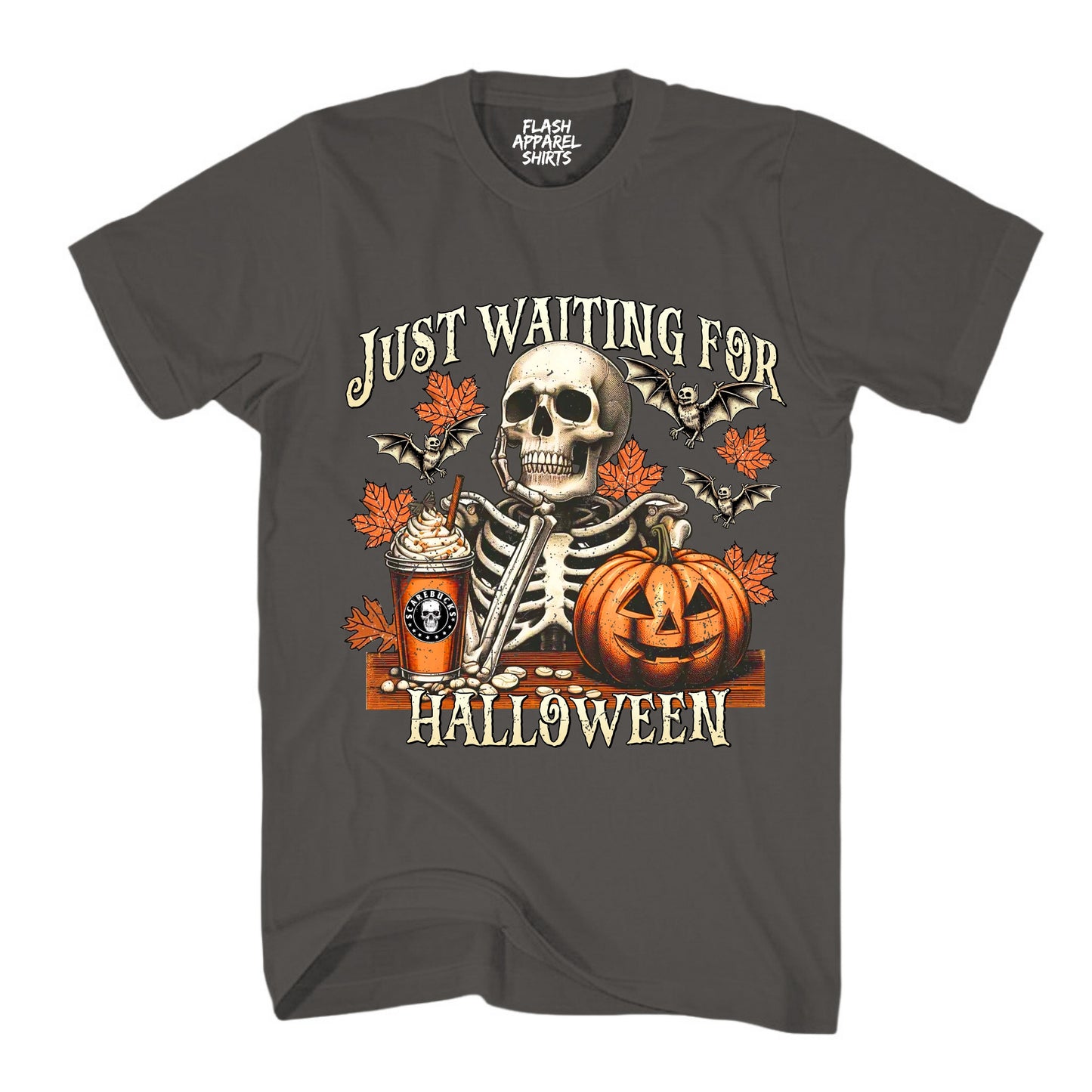 Halloween Just Waiting for Halloween Shirt Vintage Retro Skeleton Pumpkin Spooky Scary Funny Tee Costume T-Shirt Novelty Gift T Shirt White Font
