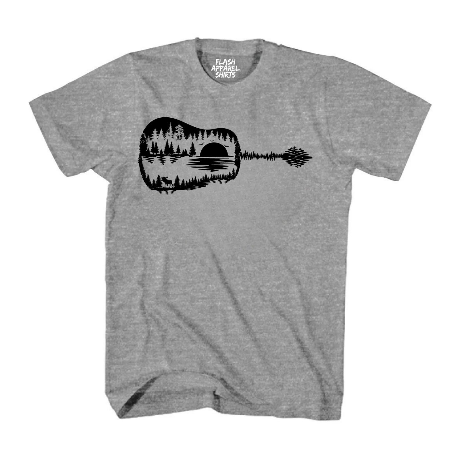 Guitar Lake Shadow Shirt Love Guitar Musician Reflection Water Moon Wilderness T-Shirt Novelty Tee Black