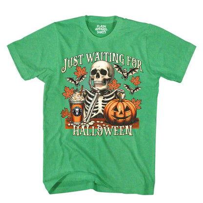 Halloween Just Waiting for Halloween Shirt Vintage Retro Skeleton Pumpkin Spooky Scary Funny Tee Costume T-Shirt Novelty Gift T Shirt White Font