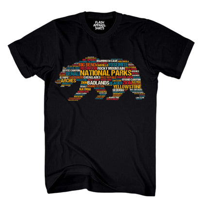 National Parks Shirt USA Park List Word Cloud Bear Camping & Hiking T-Shirt Outdoor Wildlife Nature Tee