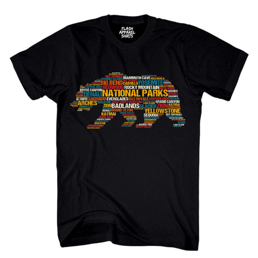 National Parks Shirt USA Park List Word Cloud Bear Camping & Hiking T-Shirt Outdoor Wildlife Nature Tee