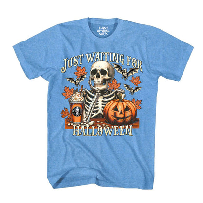 Halloween Just Waiting for Halloween Shirt Vintage Retro Skeleton Pumpkin Spooky Scary Funny Tee Costume T-Shirt Novelty Gift T Shirt White Font