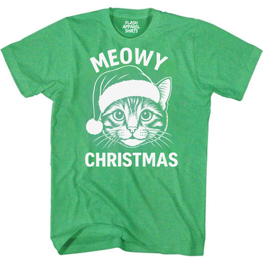 Merry Christmas Cat Novelty Shirt Meowy Christmas Funny Unisex Holiday T-Shirt Spirit Tee Party Gift Size Small to 5XL