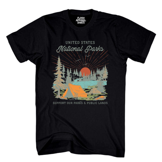 USA National Parks Shirt Support our Parks & Public Land Trees Tent Camping & Hiking T-Shirt Outdoor Wildlife Nature Tee