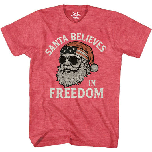 Merry Christmas Santa Believes in Freedom Shirt USA Patriotic America Vintage T-Shirt Novelty Funny Unisex Holiday Spirit Tee Party Gift Size Small to 5XL