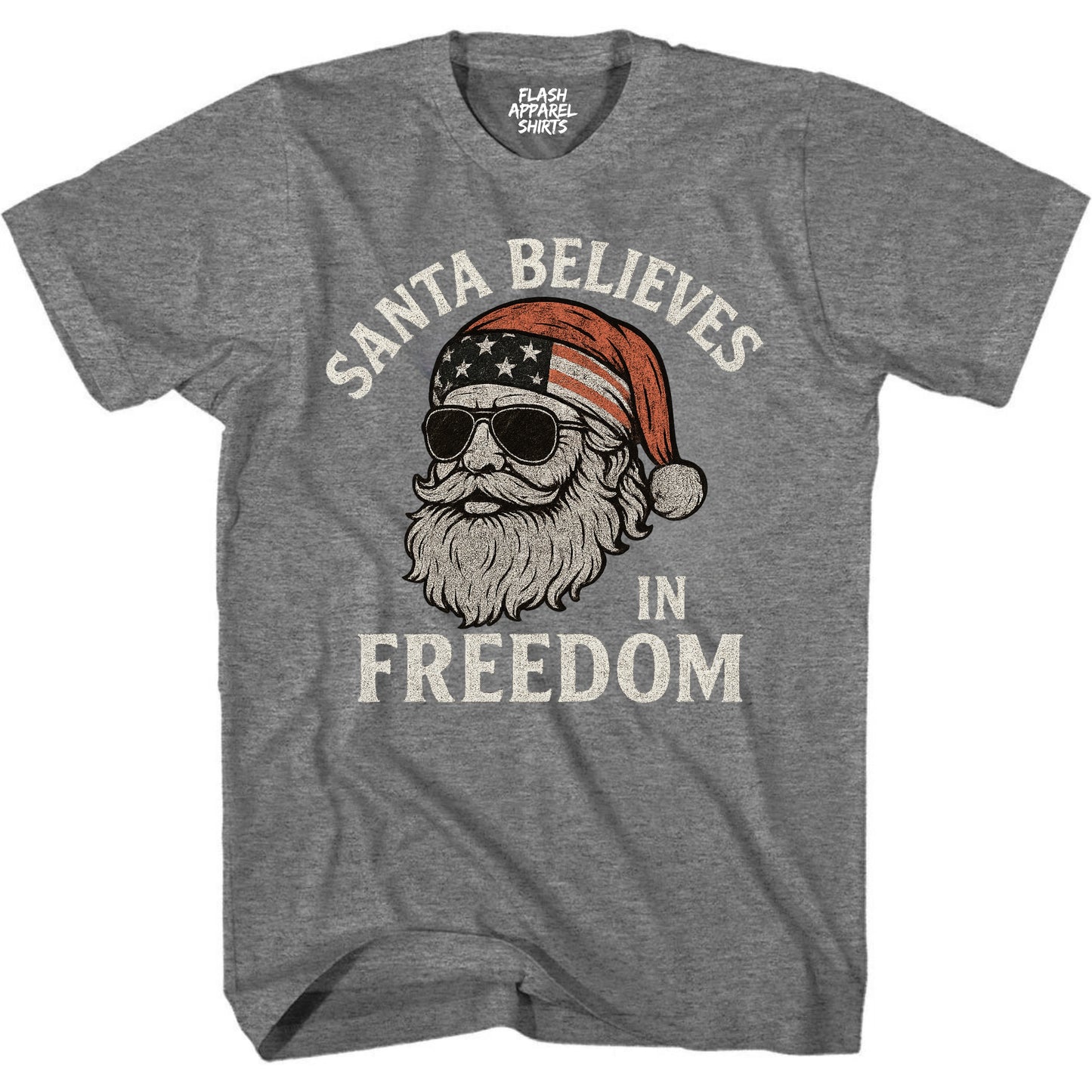Merry Christmas Santa Believes in Freedom Shirt USA Patriotic America Vintage T-Shirt Novelty Funny Unisex Holiday Spirit Tee Party Gift Size Small to 5XL
