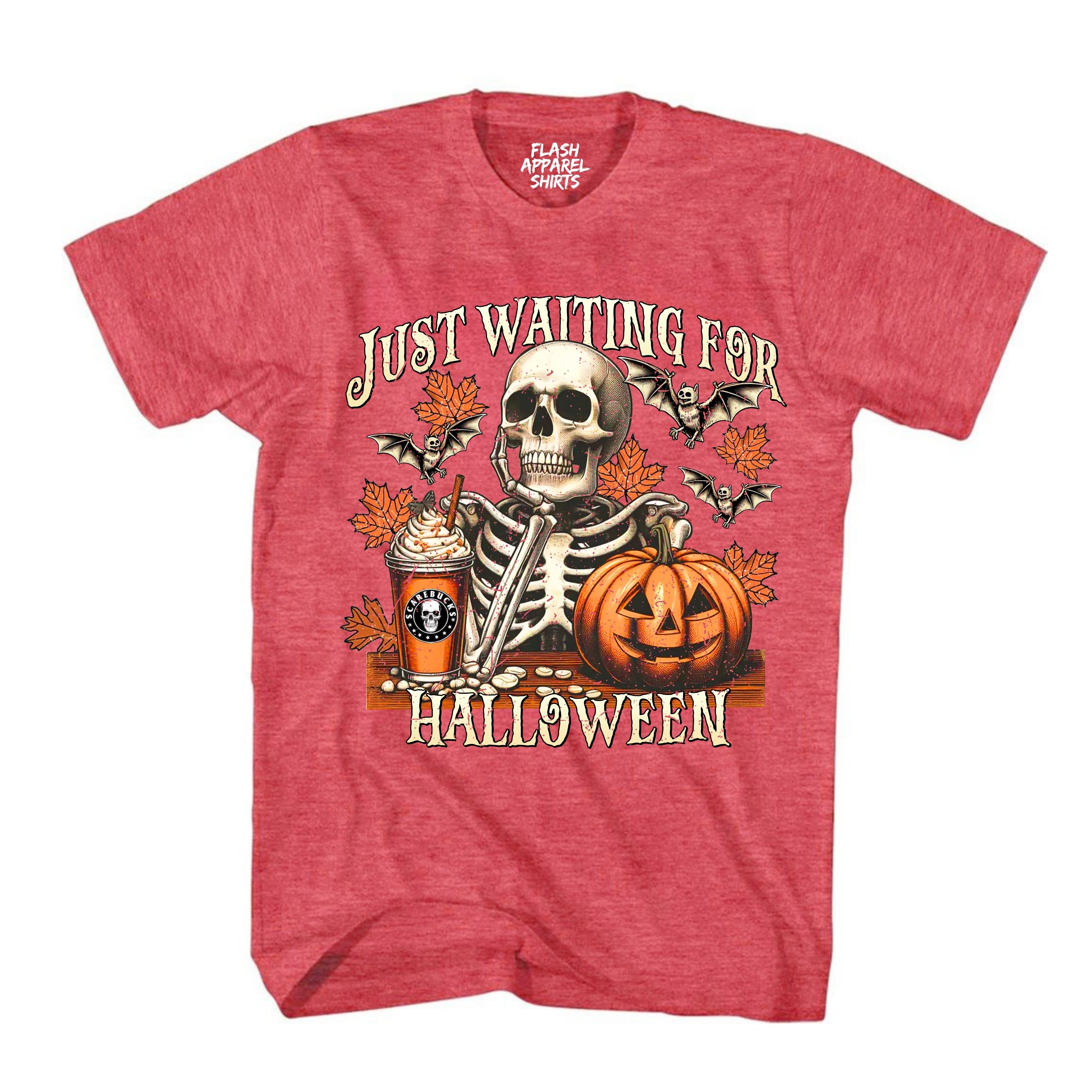 Halloween Just Waiting for Halloween Shirt Vintage Retro Skeleton Pumpkin Spooky Scary Funny Tee Costume T-Shirt Novelty Gift T Shirt White Font