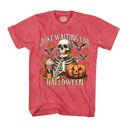 Halloween Just Waiting for Halloween Shirt Vintage Retro Skeleton Pumpkin Spooky Scary Funny Tee Costume T-Shirt Novelty Gift T Shirt White Font