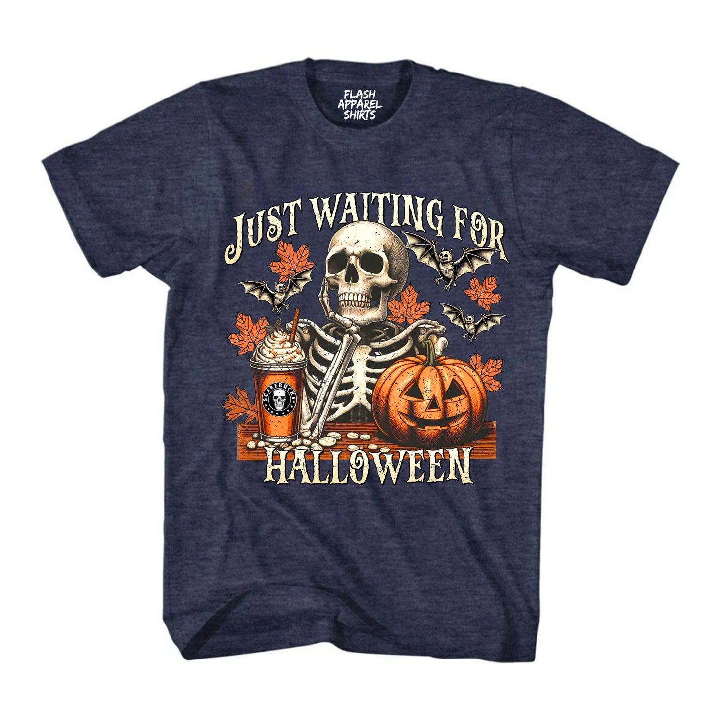 Halloween Just Waiting for Halloween Shirt Vintage Retro Skeleton Pumpkin Spooky Scary Funny Tee Costume T-Shirt Novelty Gift T Shirt White Font