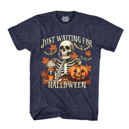 Halloween Just Waiting for Halloween Shirt Vintage Retro Skeleton Pumpkin Spooky Scary Funny Tee Costume T-Shirt Novelty Gift T Shirt White Font