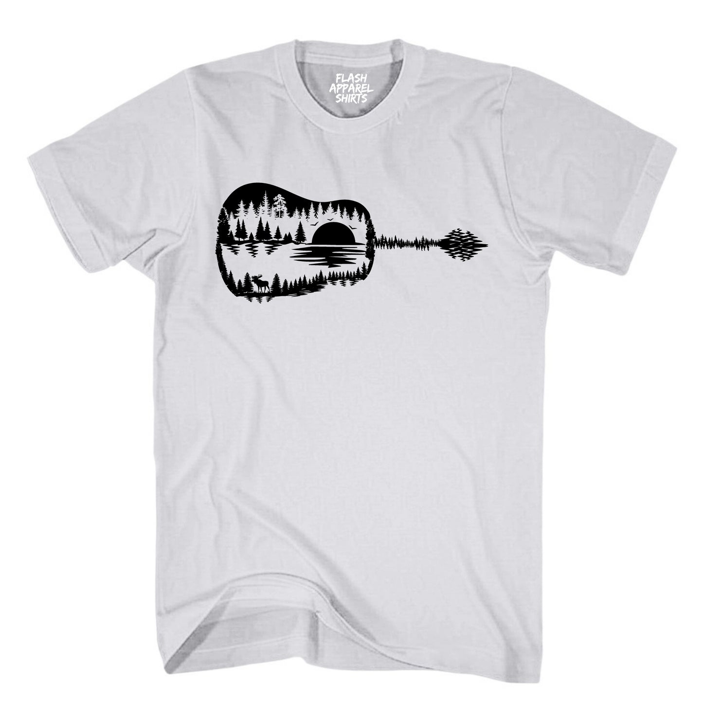 Guitar Lake Shadow Shirt Love Guitar Musician Reflection Water Moon Wilderness T-Shirt Novelty Tee Black