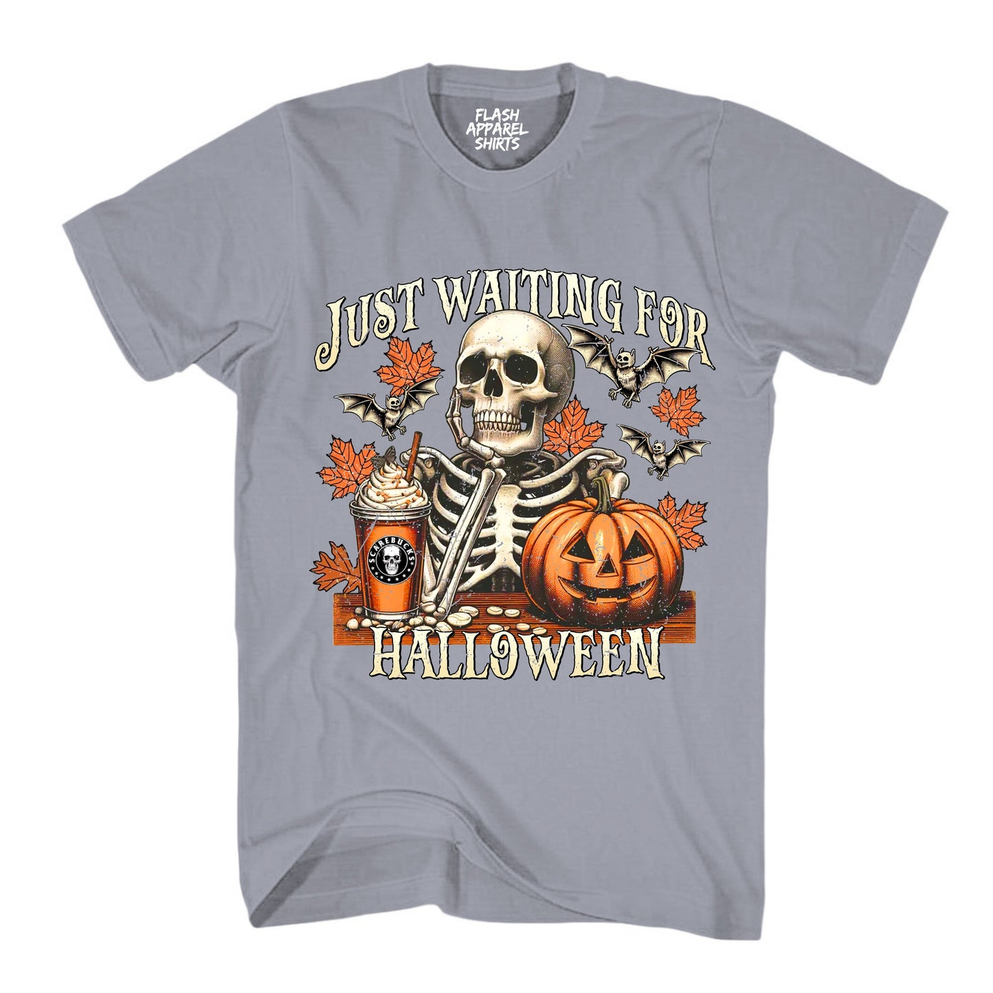 Halloween Just Waiting for Halloween Shirt Vintage Retro Skeleton Pumpkin Spooky Scary Funny Tee Costume T-Shirt Novelty Gift T Shirt White Font
