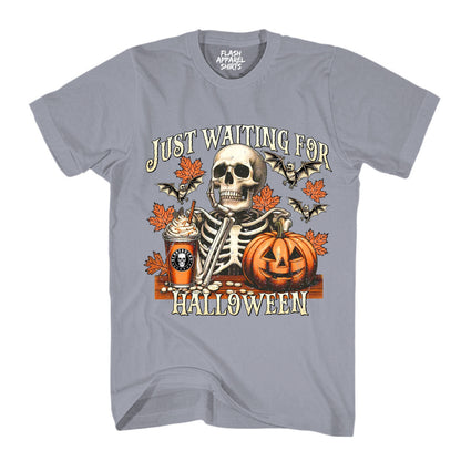 Halloween Just Waiting for Halloween Shirt Vintage Retro Skeleton Pumpkin Spooky Scary Funny Tee Costume T-Shirt Novelty Gift T Shirt White Font