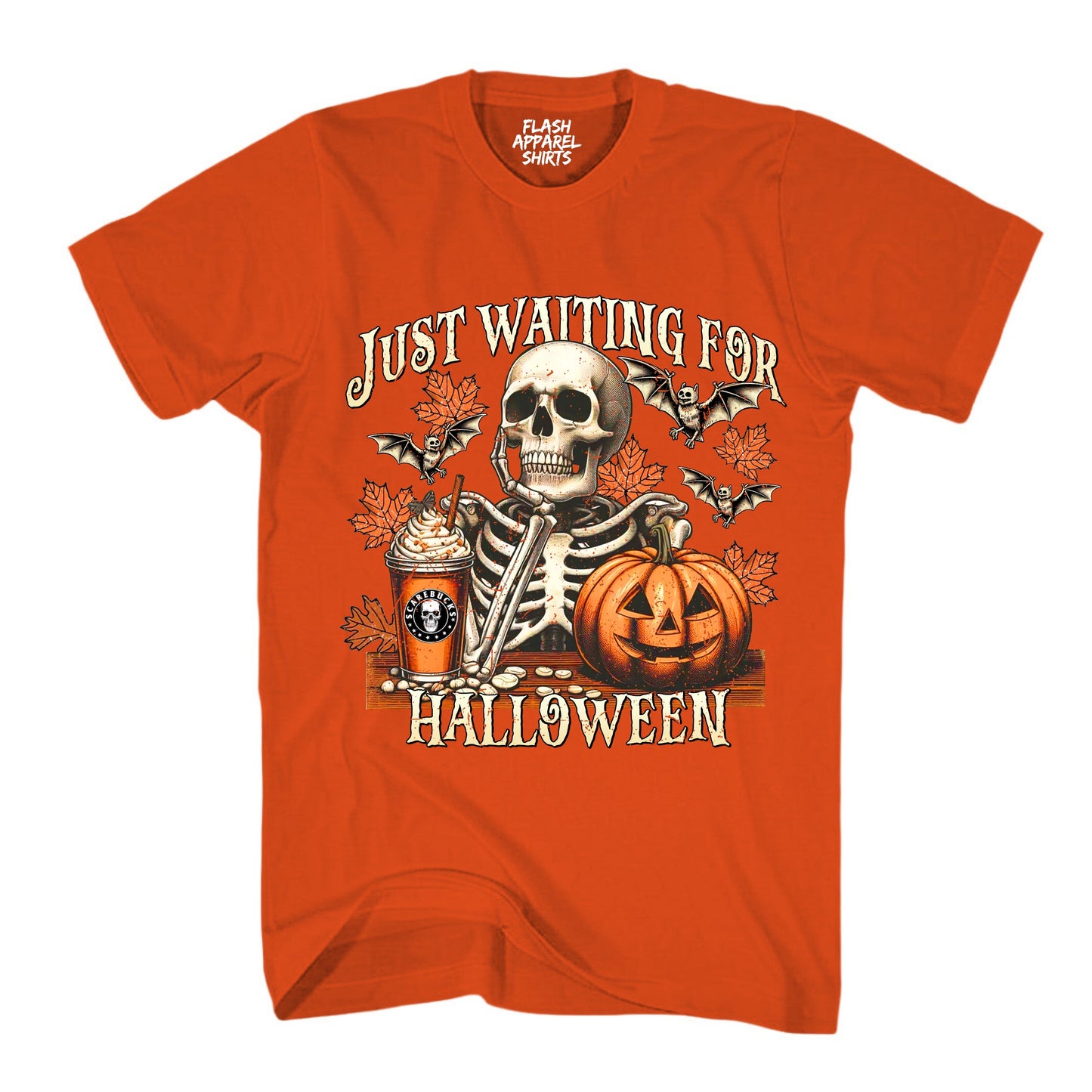 Halloween Just Waiting for Halloween Shirt Vintage Retro Skeleton Pumpkin Spooky Scary Funny Tee Costume T-Shirt Novelty Gift T Shirt White Font
