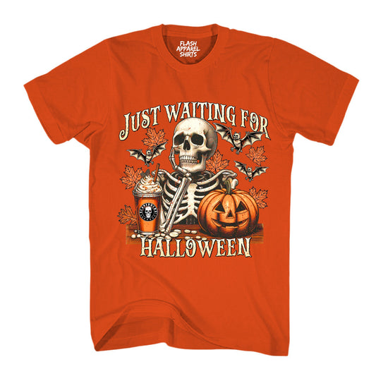 Halloween Just Waiting for Halloween Shirt Vintage Retro Skeleton Pumpkin Spooky Scary Funny Tee Costume T-Shirt Novelty Gift T Shirt White Font