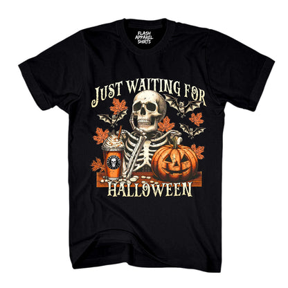 Halloween Just Waiting for Halloween Shirt Vintage Retro Skeleton Pumpkin Spooky Scary Funny Tee Costume T-Shirt Novelty Gift T Shirt White Font