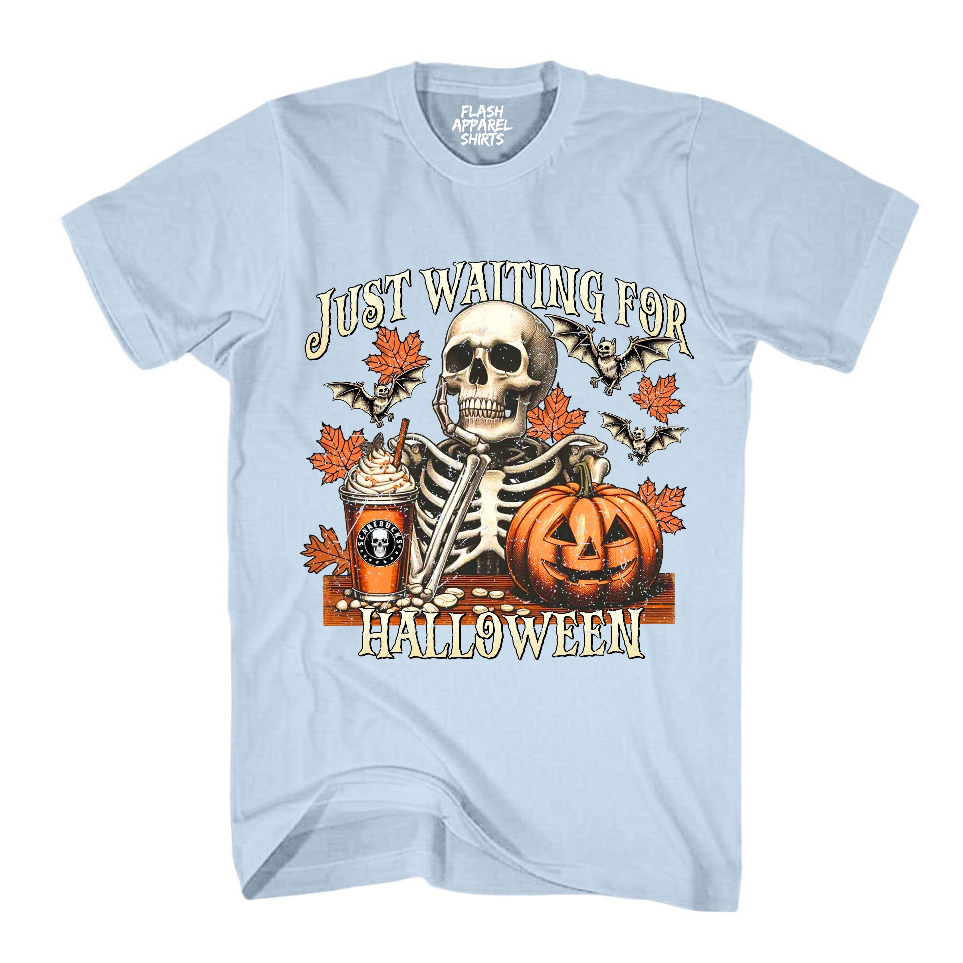 Halloween Just Waiting for Halloween Shirt Vintage Retro Skeleton Pumpkin Spooky Scary Funny Tee Costume T-Shirt Novelty Gift T Shirt White Font