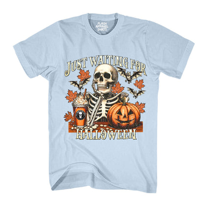 Halloween Just Waiting for Halloween Shirt Vintage Retro Skeleton Pumpkin Spooky Scary Funny Tee Costume T-Shirt Novelty Gift T Shirt White Font