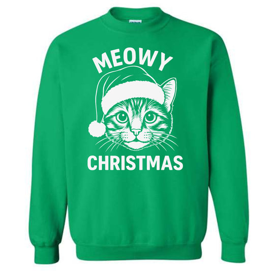 Merry Christmas Cat Novelty Crewneck Sweatshirt Meowy Christmas Funny Unisex Holiday Sweater Spirit Pullover Party Gift Size Small to 5XL